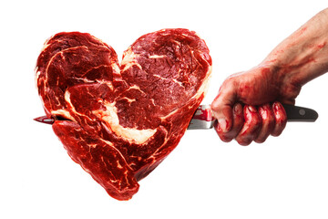 Male hand with bloody knife stabbed into the meat in shape of heart
