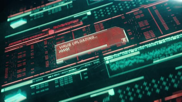 Virus uploading text on glitchy computer screen, malware, spyware detected. Computer hacking attack visualization