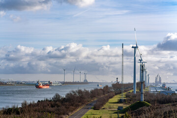 Ships on a river near the port of Rotterdam