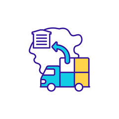 Fototapeta premium Cargo delivery with truck RGB color icon. Freight delivery. International order shipment. Warehouse management. Business administration, retail service. Isolated vector illustration