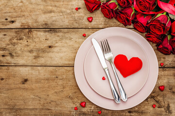 Romantic dinner table. Love concept for Valentine's or mother's day, wedding cutlery