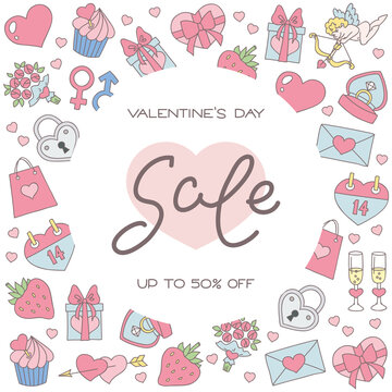 St. Valentine day template. Romantic backdrop decorated with Valentine's day symbols such as hearts, rings, flowers and cupids. Vector 10 EPS.