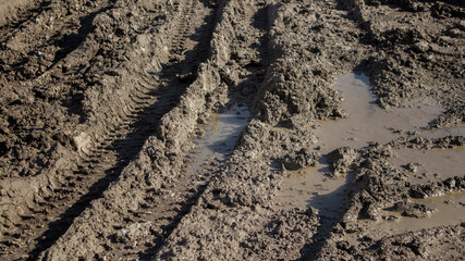Tire tracks on a muddy road. Mud.
