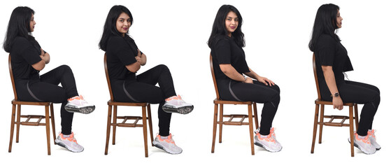 sideways of group of same woman with sportswear on white background