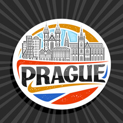 Vector logo for Prague, white decorative tag with outline illustration of urban prague city scape on day sky background, art design tourist fridge magnet with unique lettering for black word prague.