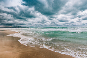 Stormy Black sea in day time, big waves and gusty wind