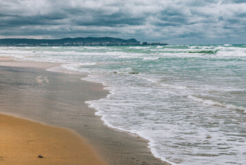 Stormy Black sea in day time, big waves and gusty wind