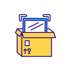 Order packaging RGB color icon. Merchandise shipment. Box with parcel. Postal distribution. Warehouse management. Business administration, retail service. Isolated vector illustration