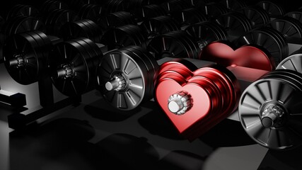 Dumbbells are made from hearts. Sports equipment in the sports hall. Conceptual 3d illustration
