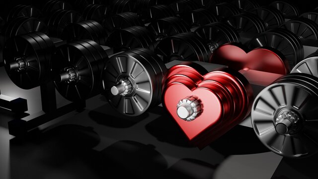 Dumbbells are made from hearts. Sports equipment in the sports hall. Conceptual 3d illustration