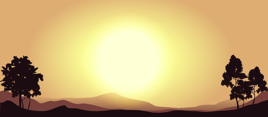 vector nature landscape illustration, mountains, trees, sand dunes and sun