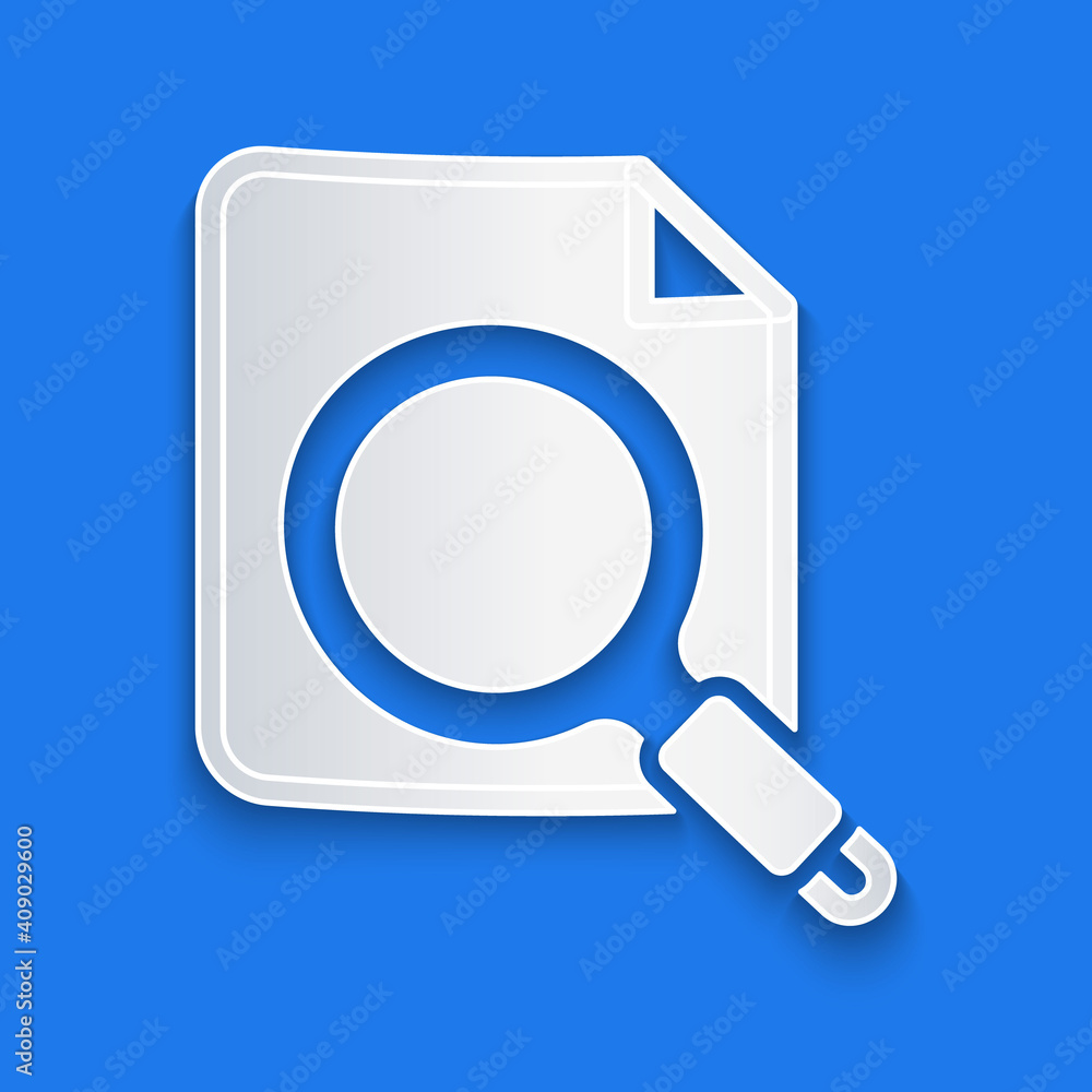 Poster paper cut search concept with folder icon isolated on blue background. magnifying glass and document