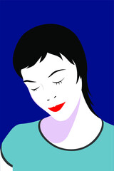Portrait of a young woman with downcast eyes on a blue background