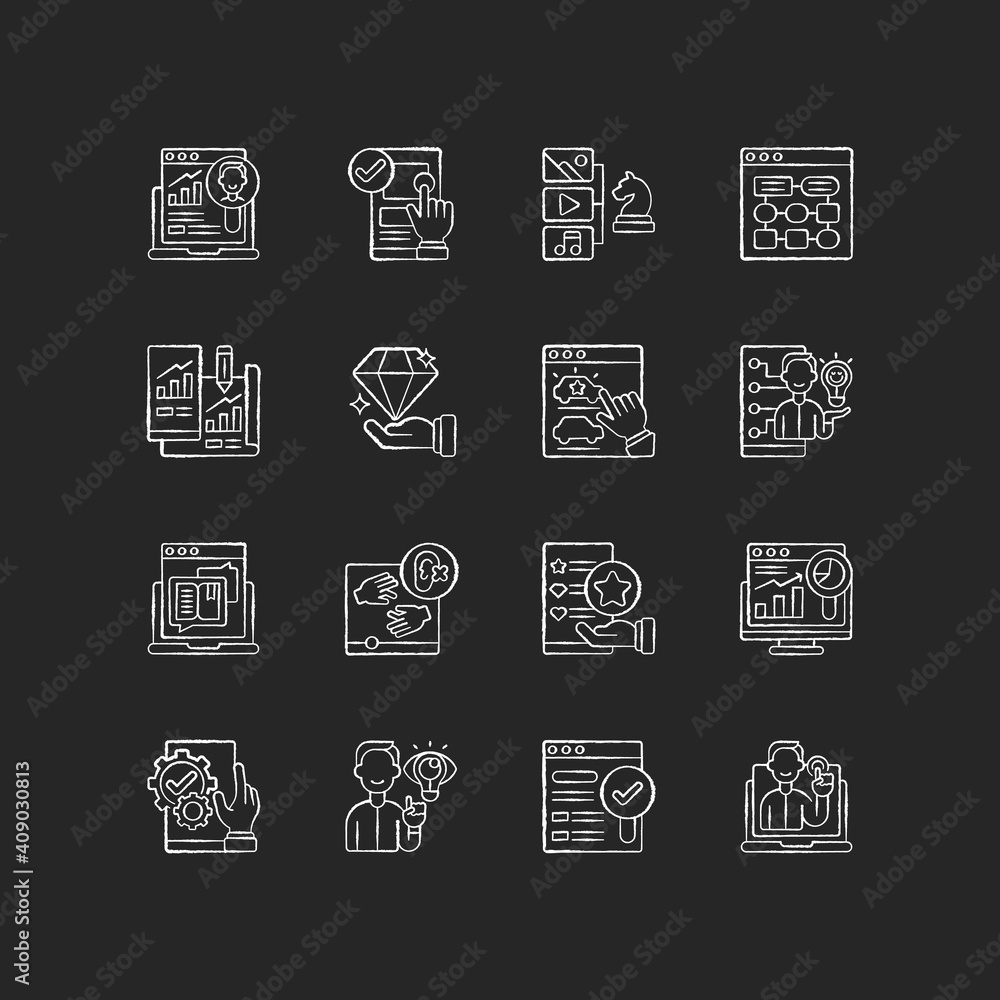 Poster user experience chalk white icons set on black background. content strategy. target research. inform