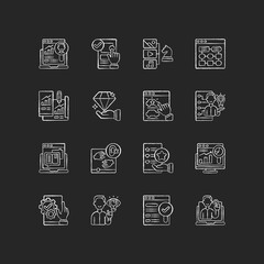User experience chalk white icons set on black background. Content strategy. Target research. Information architecture. Prototyping website. SEO optimization. Isolated vector chalkboard illustrations
