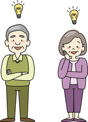何かを思いついたおじいさんとおばあさん（電球マーク）