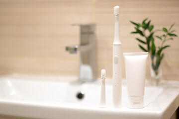 Oral hygiene and dental health concept, electric toothbrush