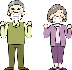 感染対策でマスクをつけるおじいさんとおばあさん（全身）