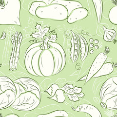 Vector Vegetables seamless pattern. Vegetables background. Beets, potatoes, asparagus, garlic, pumpkin, green peas, carrots, cabbage, radish, hot pepper chili. Vintage wallpaper.
