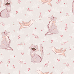 Cartoon cats and birds with notes. Vector Music seamless pattern.
