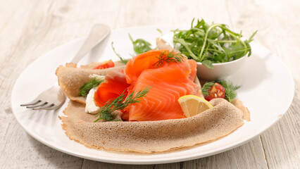 buckwheat crepe with salmon and cheese
