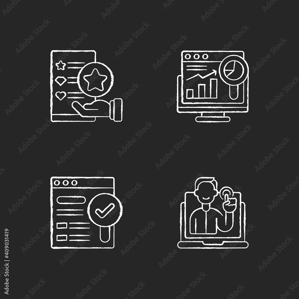Poster web analytics and management chalk white icons set on black background. usability evaluation. intera
