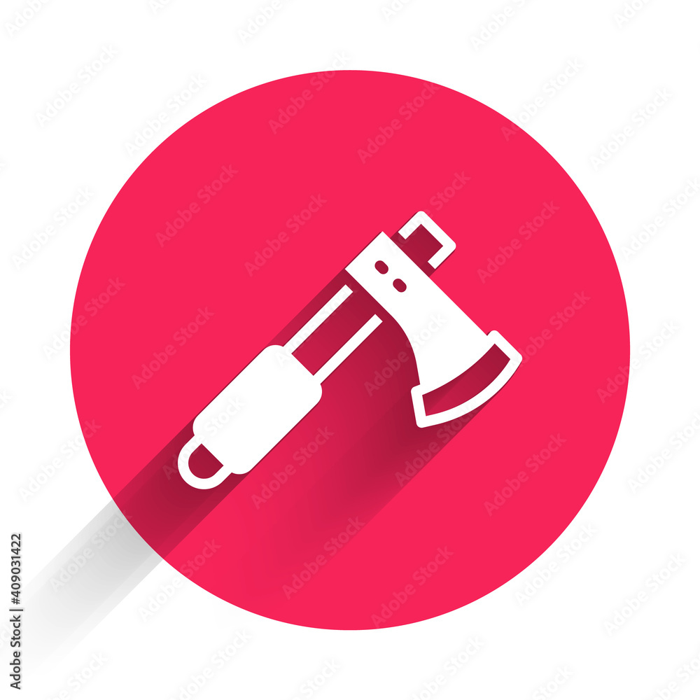 Poster white wooden axe icon isolated with long shadow. lumberjack axe. red circle button. vector.