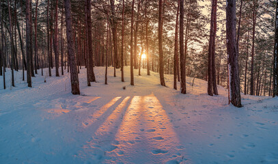 Sunset in winter snowy forest. Colorful sunset in coniferous forest with pine trees. Winter landscape.