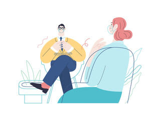 Medical insurance -psychological support -modern flat vector concept digital illustration of a therapist wearing glasses, taking session notes in notepad while female patient talking about her problem