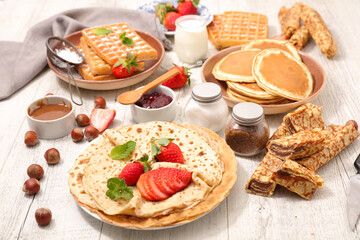 assorted of crepe, waffle and pancake