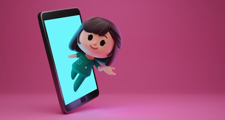 3D render illustration of cute woman doctor character coming out of the giant smartphone screen, concept illustration