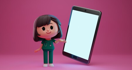 3D render illustration of cute woman doctor character explaining, speaking near by the giant smartphone, concept illustration