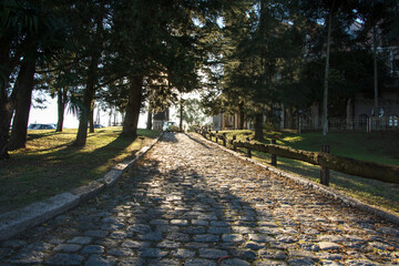 Calle empedrada en el campo