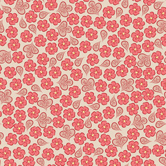Small red flowers and leaves seamless pattern. Vintage floral background.
