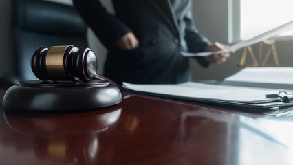 udge gavel with Justice lawyers having team meeting at law firm background. Concepts of Law and...