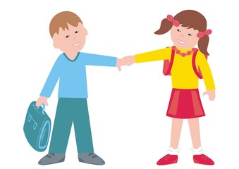 Two school children, girl and boy, funny vector illustration