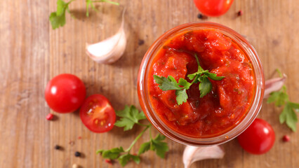 tomato sauce and fresh ingredient- top view
