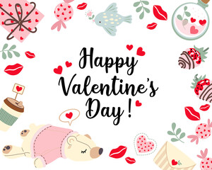 Valentine's Day. Isolated objects on white background. Collection of postcards. Vector illustration. Hearts, bear, candy,phrases, envelope. For congratulations, scrapbooking, diary,notes, invitations.