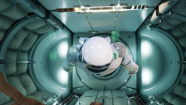 Somewhere in distant space, an astronaut hovers inside his spaceship. The animation is for fantastic, the futuristic or space travel backgrounds.