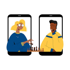 Two people plays chess online. Man and woman competing in chess from their smartphones. Distant leisure activity concept vector illustration. Chess tournament at online chess club