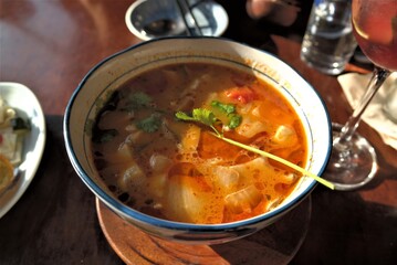 Tom Yum Kung soup on the table