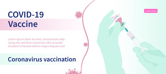Obraz na płótnie Canvas Covid-19 vaccination banner concept. Hands holding syringe