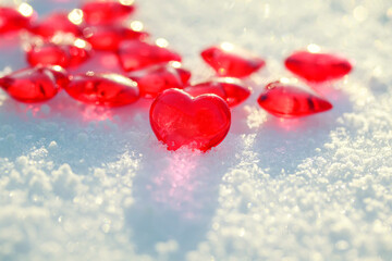valentine's day greeting card with festive background with transparent red love symbols hearts in the snow