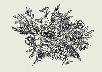 Rose bouquet. Hand drawn flowers, leaves, buds. Vintage botanical illustration. Black and white floral composition. Wedding decor design.