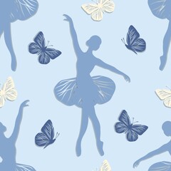 Seamless pattern with dancing girl and butterflies