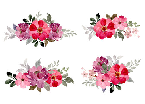 Pink purple floral bouquet collection with watercolor