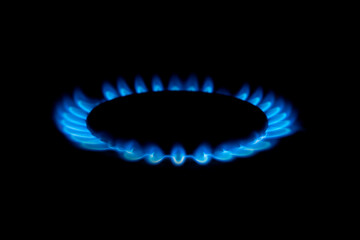 Gas cooker with burning fire propane gas. Blue flames on gas stove burner isolated on black...