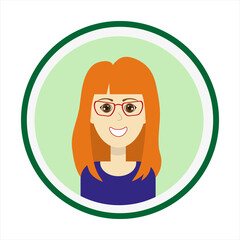 Female avatar. Cute woman’s portrait on green background. Smiling girl face with red long hair, brown eyes and glasses. Isolated vector illustration.