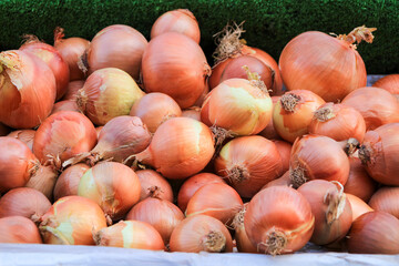 Onions for sale at a market stall