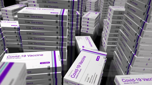 Covid vaccine doses in packs distribution. Coronavirus sars-cov-2 vaccination box production, distribution, supply and delivery. Abstract concept 3d rendering loopable seamless animation.
